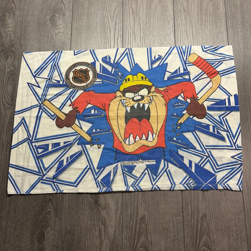 Vintage 1994 Looney Tunes Taz NHL Hockey Pillowcase Tasmanian Devil 90s Warner B
